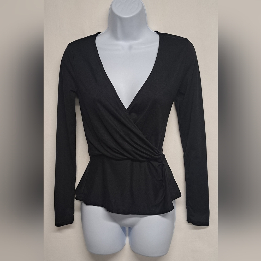 Mi Ami XXS Black Long Sleeve Criss Cross Plunge Neck Knotted Side Stretch